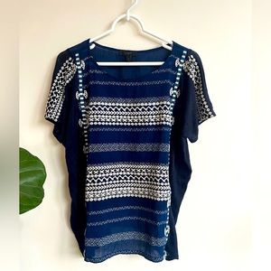 J Crew Embroidered Linen/Cotton Navy Top